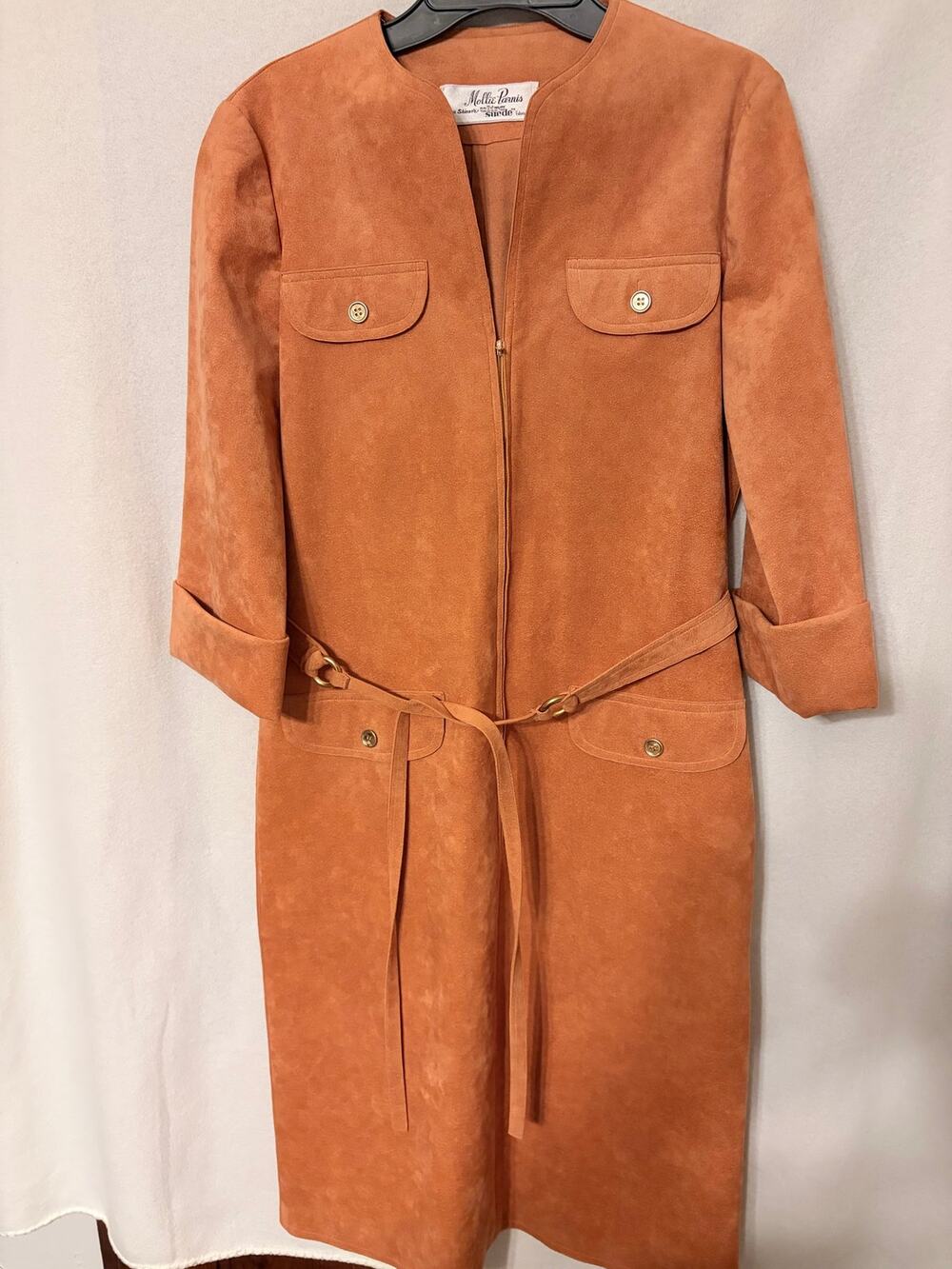 Vintage 70s Mollie Parnis Ultrasuede Dress Zip Front Belted Safari Orange